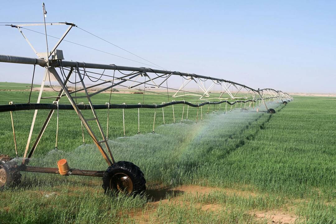 Center pivot irrigation system watering a large green agricultural field under a clear sky.